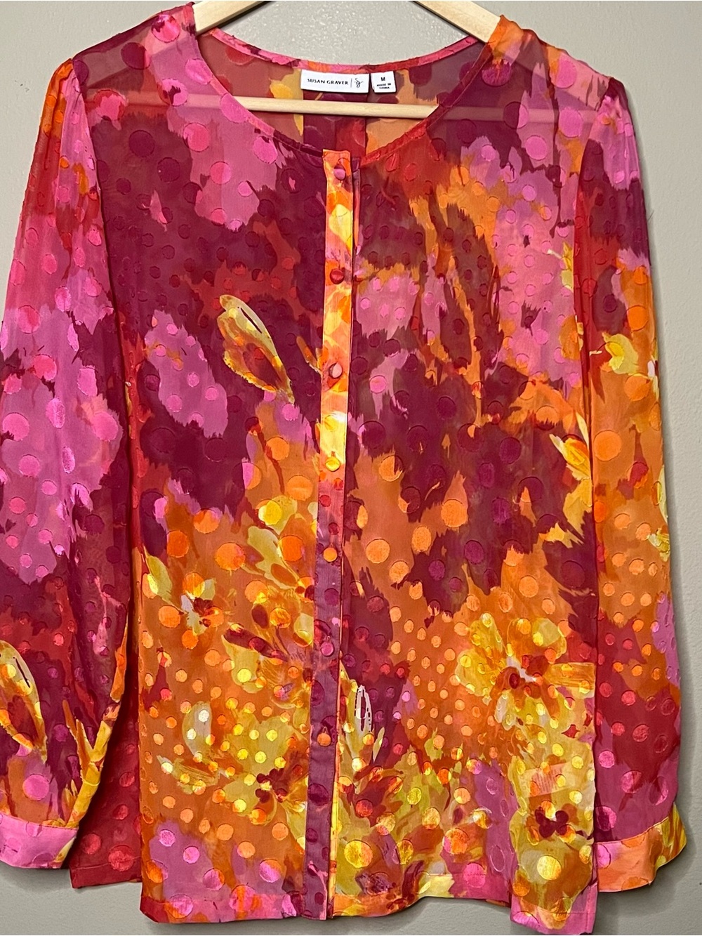Susan Graver Sheer Watercolor Floral Blouse Women Medium Orange Pink Art To Wear